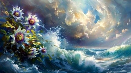 Passionflowers Enveloped in Turbulent Stormy Sea Landscape