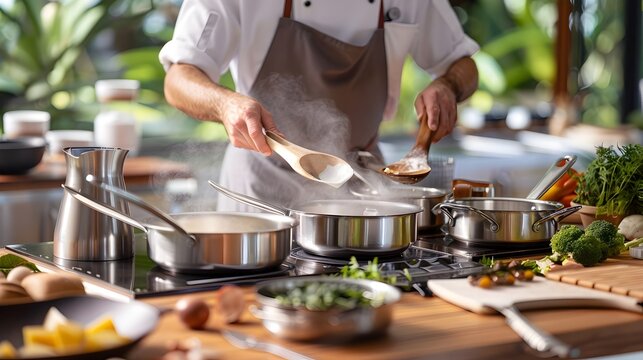 Chef Prepares Ingredients in Culinary Workshop with Saucepans and Cooking Equipment