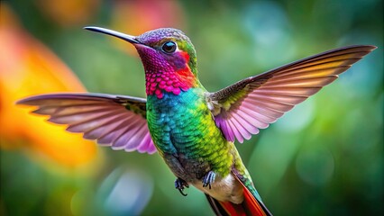 Fototapeta premium Vibrant macro shot of a colorful hummingbird displaying its delicate wings and vibrant feathers, hovering, mid-air