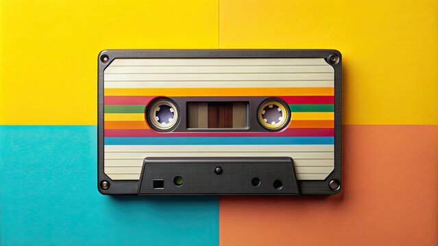 Vintage audio cassette tape with colorful label , retro, music, analog, technology, magnetic, recording, tape deck