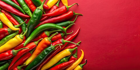 Red, green, yellow hot chili peppers on a red background, spicy, food, vibrant, colorful, peppers, cooking, ingredients