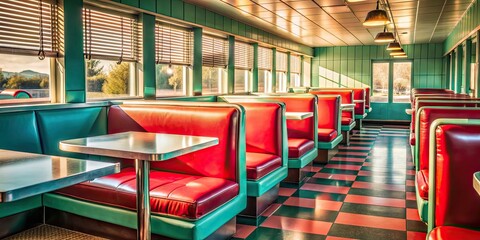 Fototapeta premium Vintage diner interior with red and teal booths sunlit by morning rays, vintage, diner, interior, red booths, teal booths