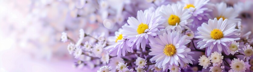 Fototapeta premium Beautiful close-up of delicate purple and white daisies with blurred background, perfect for spring and floral-themed projects.