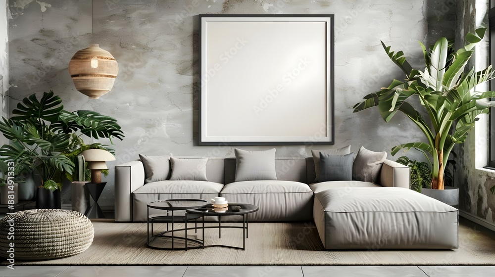 Wall mural Stylish living room interior with mockup frame poster