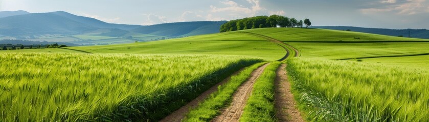 Green field with a dirt path leading to a tree-covered hill in the background