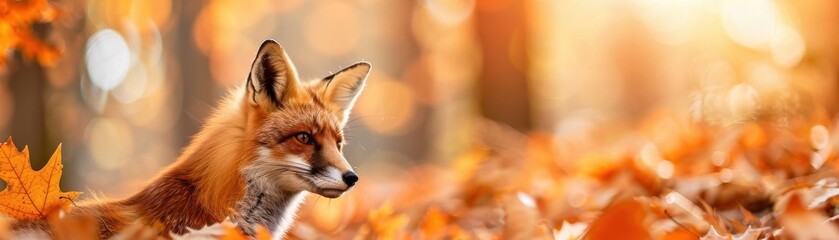 Fototapeta premium Close-up of a red fox in a forest during autumn, surrounded by fallen leaves
