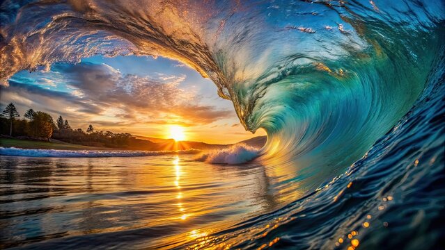 Stunning tube wave in the ocean at sunrise , Tube wave, barrel wave, ocean, sunset, sunrise, golden hour, surf, surfing