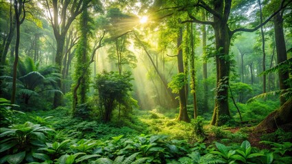 Fototapeta premium Lush green forest with diverse plant life and vibrant ecosystem, ecology, nature, green, forest, plant, life