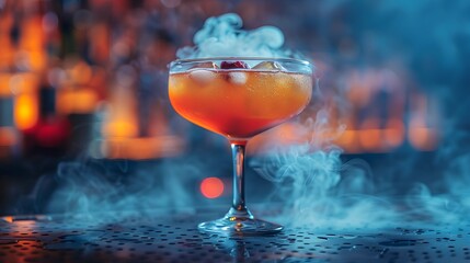45. A captivating scene with a glistening cocktail amidst swirling smoke, creating an intense and dynamic atmosphere.