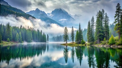 Misty mountain landscape with pine trees and a serene lake, mountains, mist, fog, pine trees, lake, tranquil, serene