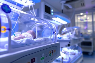 Newborn in incubator under blue light in NICU hospital intensive care unit, medical nursery