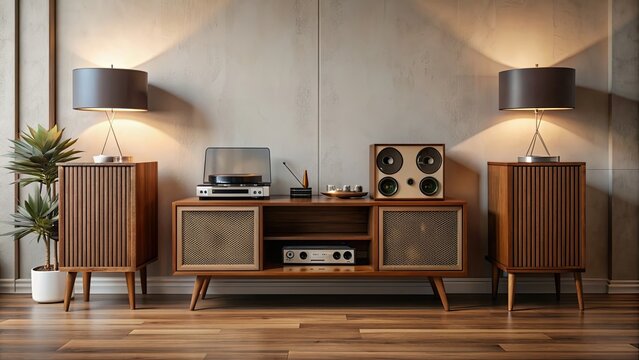 Vintage MCM Lo-Fi system with turntable, radio, and speakers, retro, music, 1960s, technology, record player