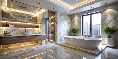 Fototapeta premium Marble bathroom with LED fixtures, modern bathtub, and luxury elements, modern, sleek, stylish, marble