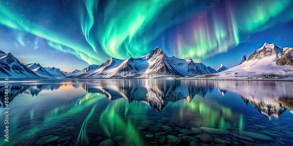 Wall mural Snow-covered mountains and magical northern lights reflecting off the water in the cold arctic north , Snow, mountains, arctic, north