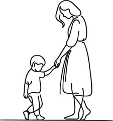 Single continuous line drawing of mothers or grandmothers with her daughter or granddaughter walk holding hands. Happy family parenting concept.
