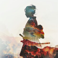 Fototapeta premium Silhouette of a warrior with a sword, blended with nature, showcasing strength, courage, and mystical scenery.