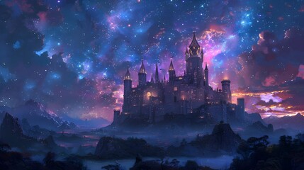 A castle is lit up at night with a dark sky in the background. The castle is surrounded by a body of water and has a castle-like appearance