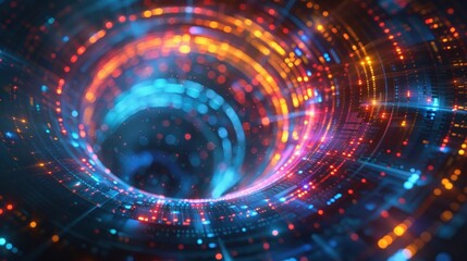 Futuristic Digital Tunnel with Vibrant Lights and Data Streams Representing Technology and Innovation