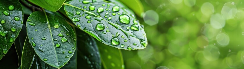 Close-up of fresh green leaves with water droplets after rain, showcasing nature's beauty and rejuvenation in a lush environment.