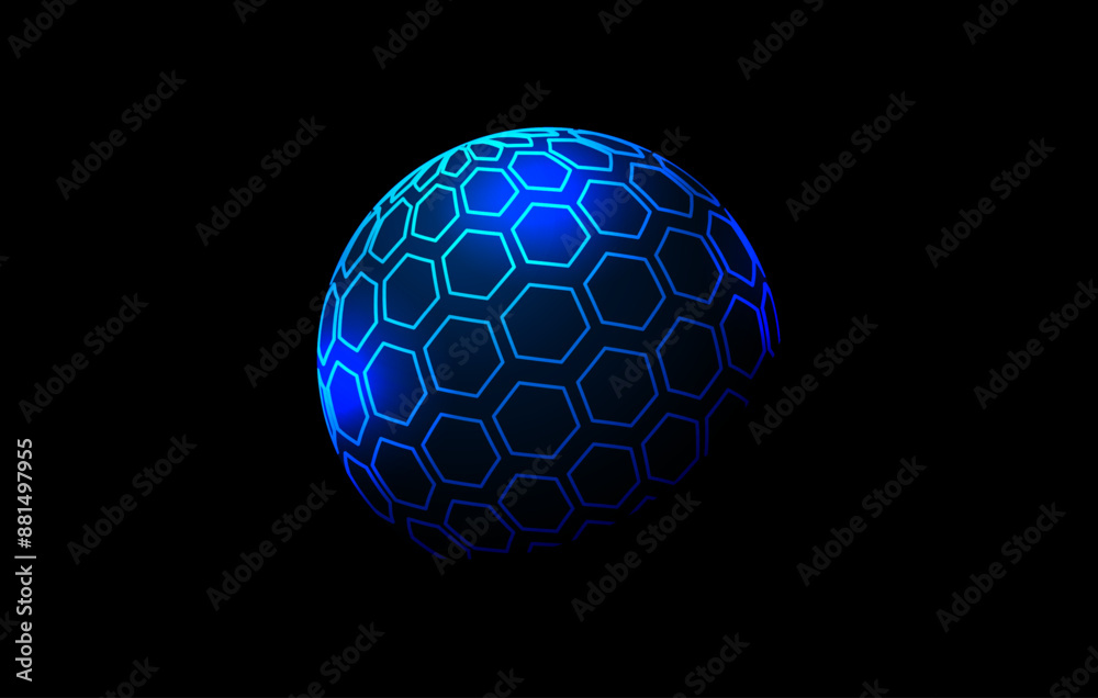 Poster blue neon hexagon pattern sphere. 3d halftone hemisphere concept. grid globe futuristic element. rou