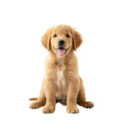 Adorable golden retriever puppy sitting and looking at the camera with a happy expression, isolated on a white background.