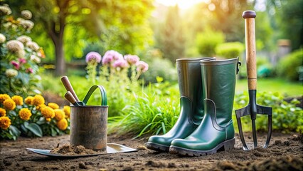 Rubber boots, scoop, and gardening tools left among the beds after a day of working in the garden , rubber boots, scoop, tools