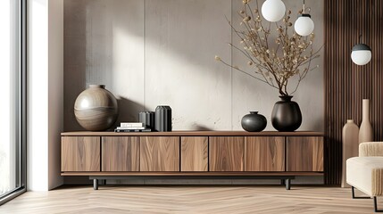 Modern room with wooden cabinet and decorative items