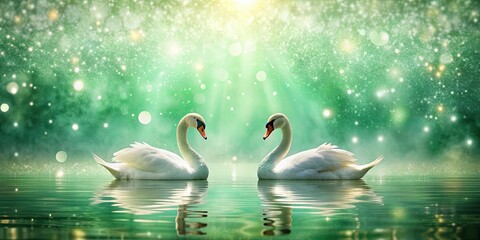 Obraz premium Swans floating gracefully on a shimmering green background with glittered dots, swans, grace, elegance, nature, wildlife
