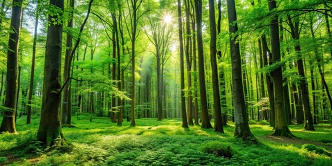 Fototapeta premium Lush green forest with a variety of tall trees, vegetation, and a peaceful atmosphere, nature, greenery, woodland