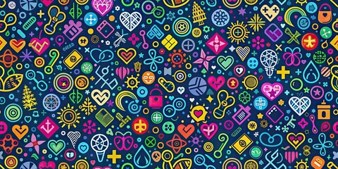 Naklejka premium Vibrant health symbols pattern texture for a colorful and dynamic background, health, symbols, colorful, texture, bottom
