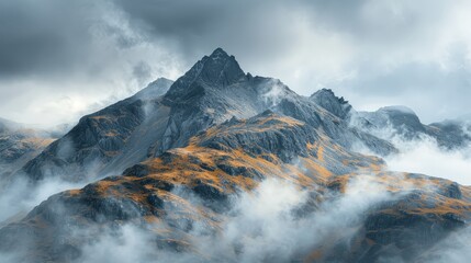Majestic Mountain Peaks Shrouded in Mist with Autumn Foliage and Dramatic Cloudy Sky