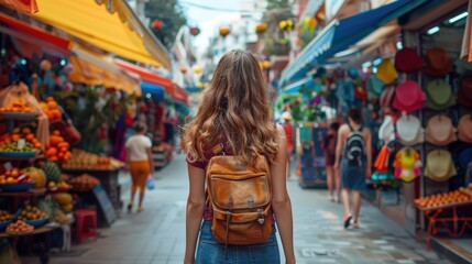 Obraz premium Young Woman Exploring Vibrant Outdoor Market with Colorful Stalls and Fresh Produce on a Sunny Day