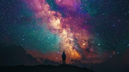 Obraz premium Silhouette of Person Gazing at Vibrant Milky Way Galaxy in Starry Night Sky