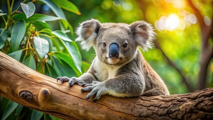 Koala resting on eucalyptus tree branch, koala, tree, Australian wildlife, marsupial, cute, furry, eucalyptus, nature, climbing