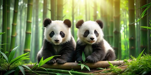 Fototapeta premium Two baby pandas in a bamboo forest , pandas, baby animals, wildlife, nature, bamboo, forest, cute, adorable