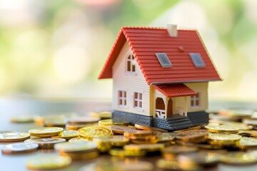 A small house is sitting on top of a pile of gold coins