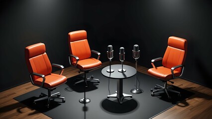 Three orange chairs around a table with three microphones.