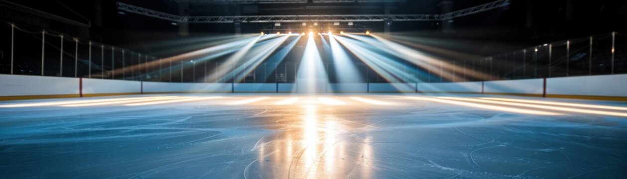 A well-lit ice hockey rink with bright spotlights shining from the ceiling, highlighting the smooth ice surface, creating a dynamic and dramatic scene.