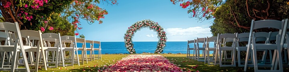 An outdoor wedding with pink rose archway. 