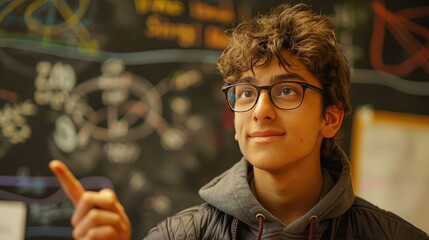 Teen Student with Glasses Pointing in Classroom with Chalkboard Diagrams