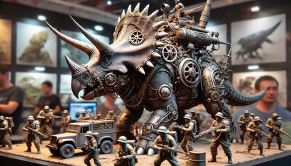 A steampunk-style Triceratops with metallic horns and a heavily armored body, surrounded by soldiers.