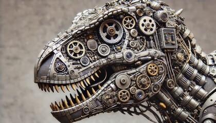 A close-up of a mechanized T-Rex head with intricate details of gears and circuits visible.
