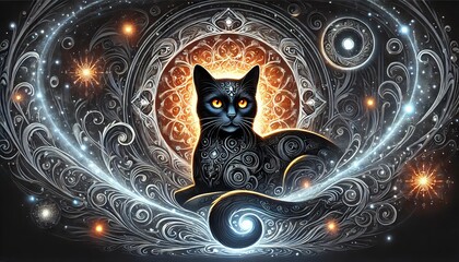 A mystical black cat with glowing orange eyes and ornate designs sits in front of a swirling magical portal, with ethereal energy surrounding it.