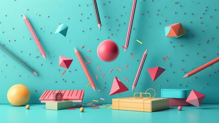 Fototapeta na wymiar Geometric Abstract Composition with Pencils, Shapes, and Confetti on Turquoise Background