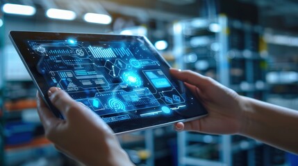 Close-Up of Digital Tablet Displaying Warehouse Management App Interface for Efficient Operations