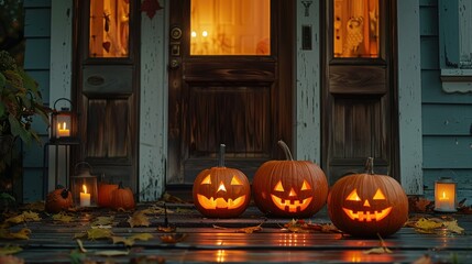 Obraz premium Festive Halloween Decor with Glowing Jack-o'-Lanterns on Porch Steps in Autumn Evening