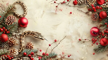 Festive Holiday Background with Snake, Pine Cones, Red Ornaments, and Winter Berries on Textured Surface