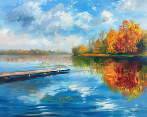 Oil painting capturing a peaceful autumn lake with tree reflections, a wooden dock, and a blue sky.