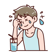 Sweaty And Thirsty Man Drinking Water Illustration. Man tired under heat of summer