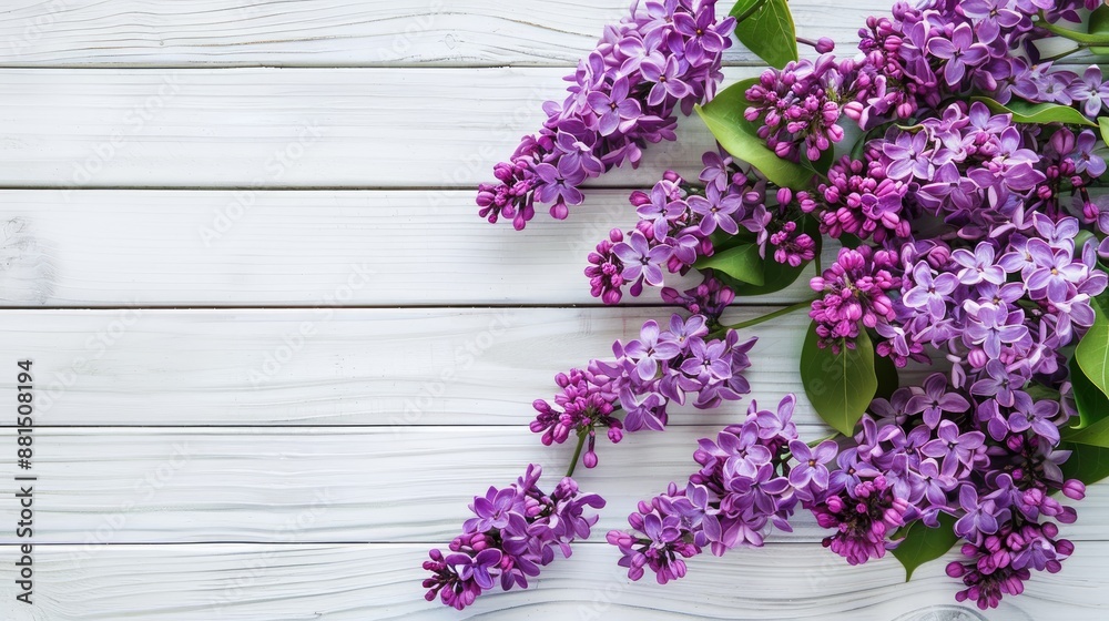 Poster lilac flowers on white wooden background with space for text viewed from above